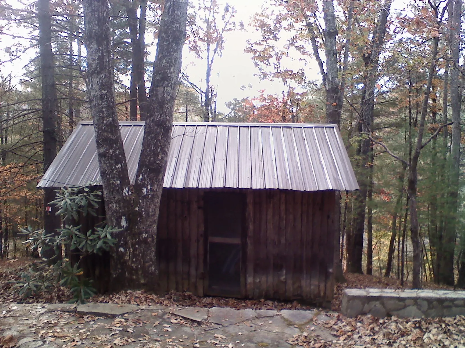 New metal gable roof on a small log shed among the trees in Semmes