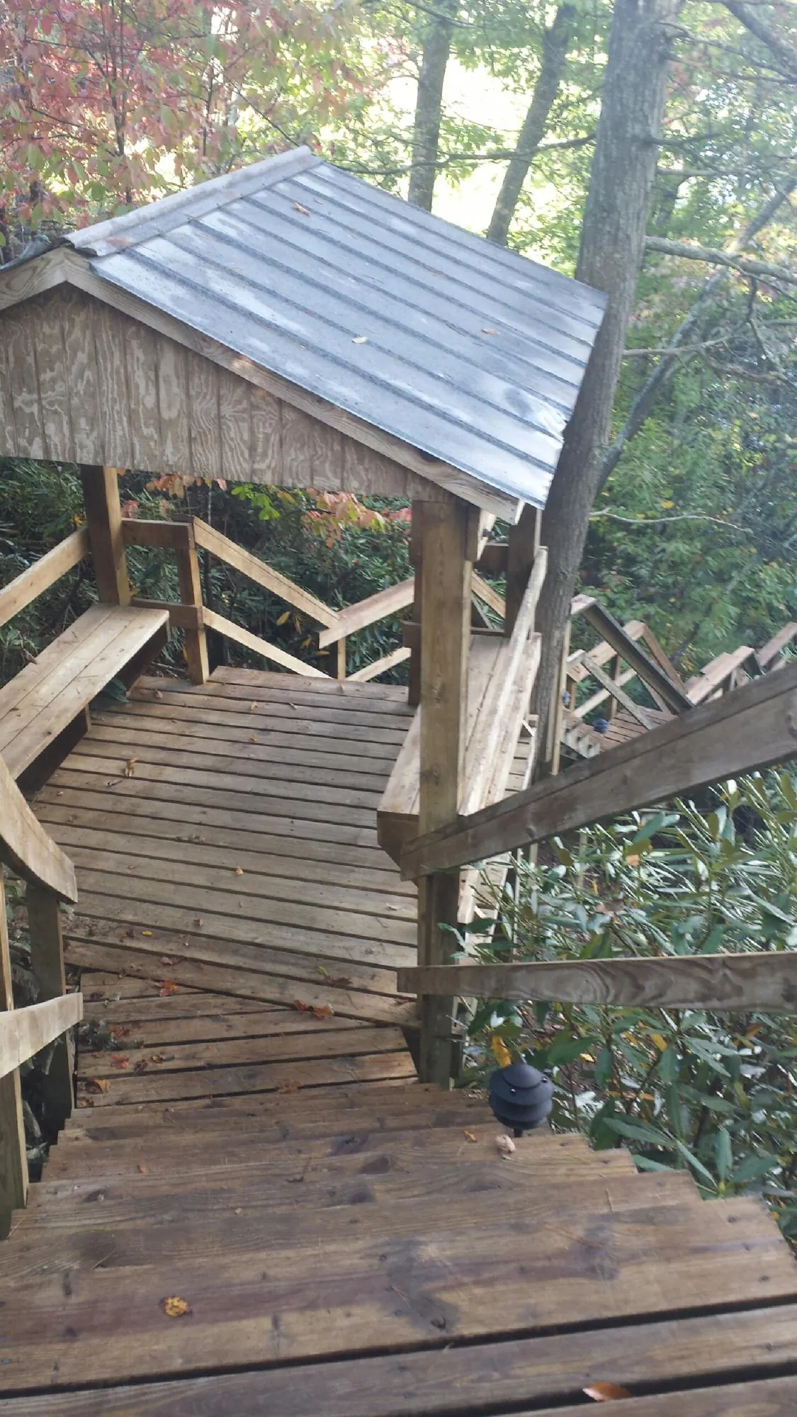 Metal roofed shelter over wooden steps on a wooded walkway — Skylight Repair & Installation work by our crew in Semmes